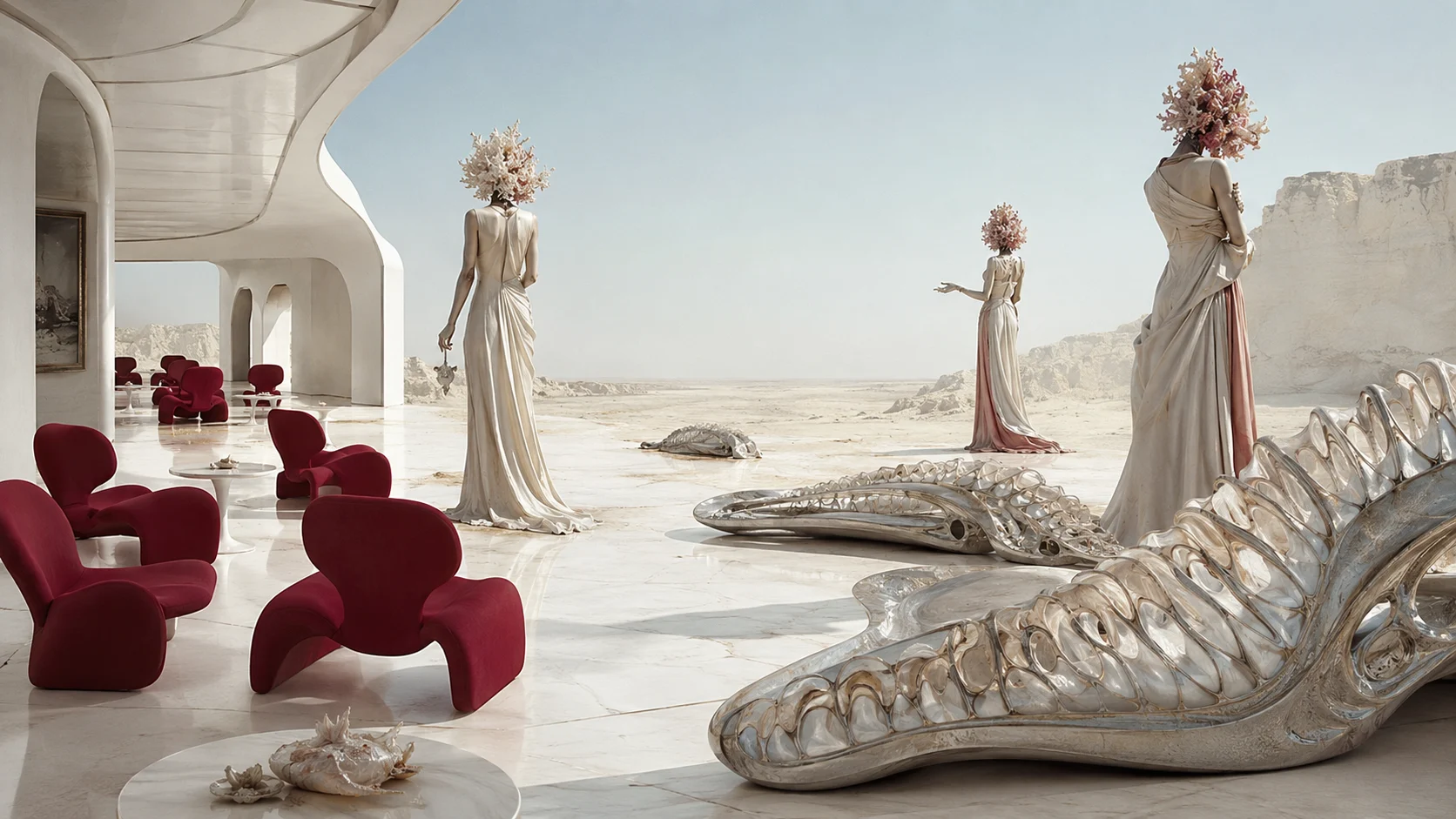 A marble gallery of crimson chairs opening onto a surreal desert, with coral-headed figures and silver sculptures